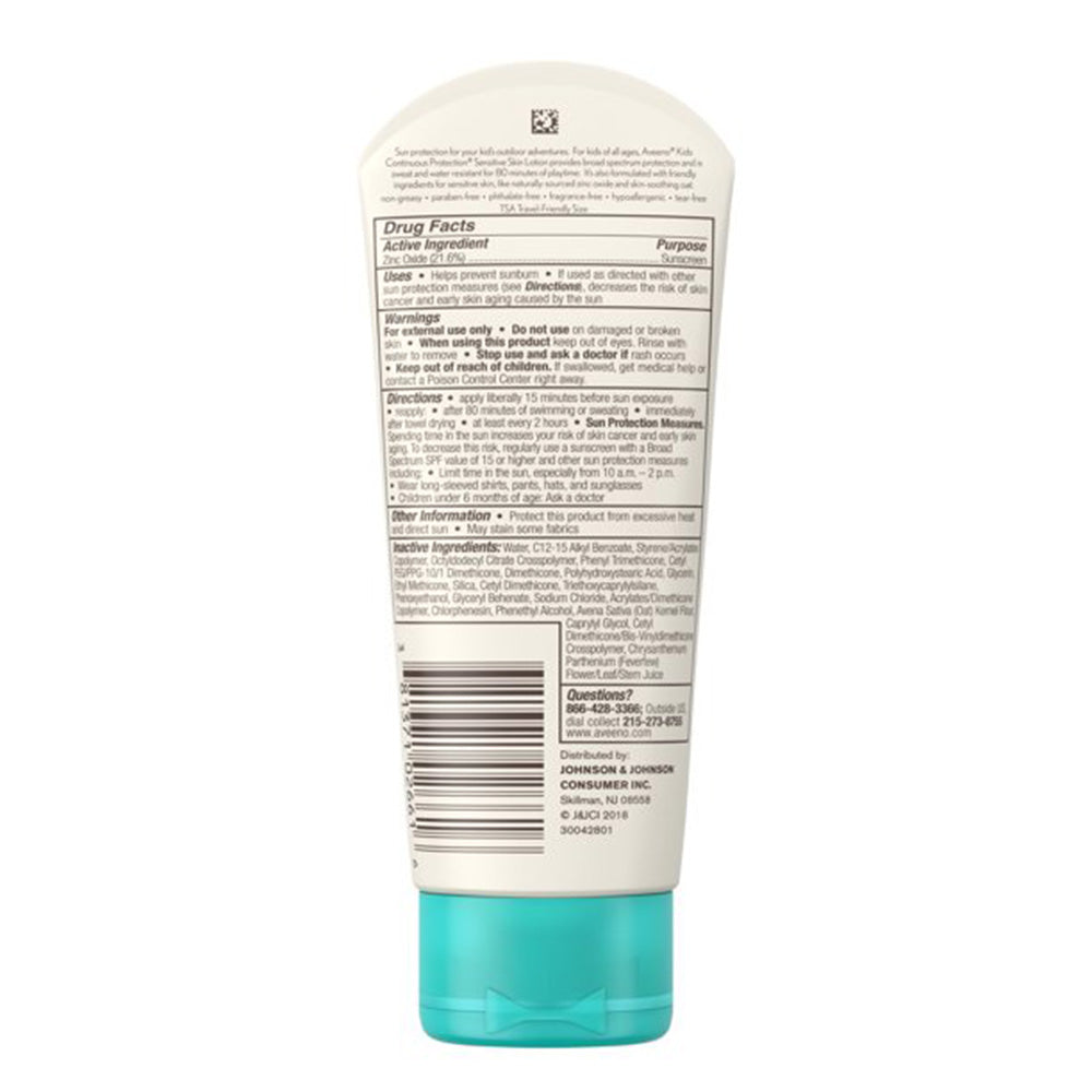 Aveeno Kids Continuous Protection Mineral Sunscreen, SPF 50 Usage Instructions On Reverse Of Product Bottle