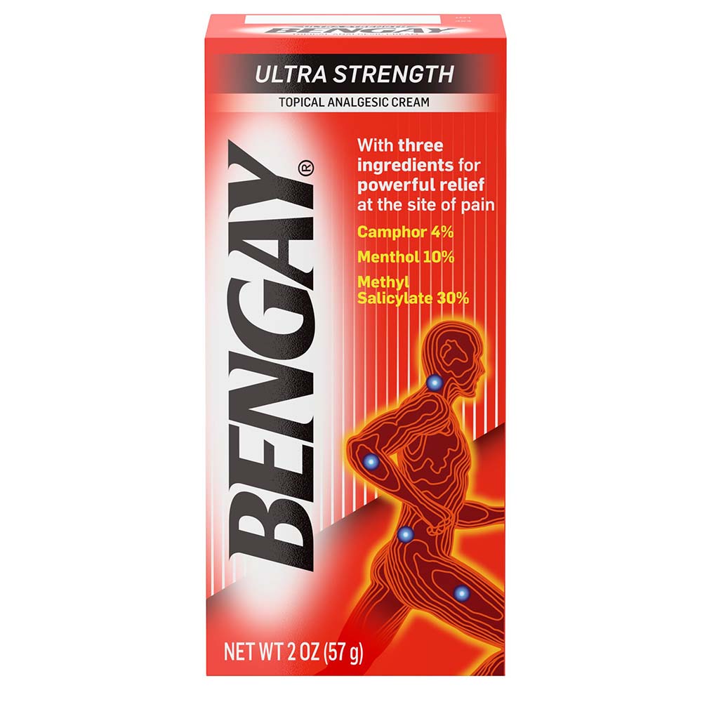 Bengay Ultra Strength Topical Pain Relief Cream 2 Oz Outer Packaging In Front Of White Background