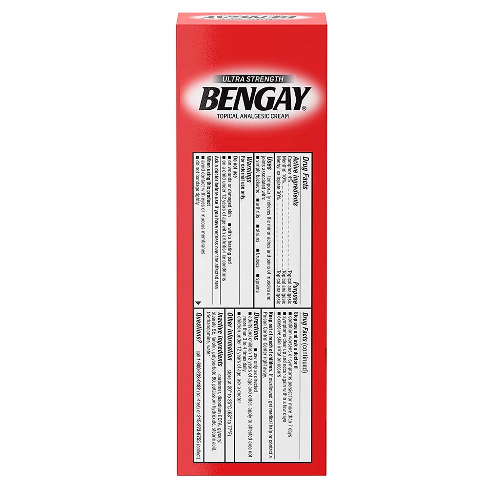 Bengay Ultra Strength Topical Pain Relief Cream 4 Oz Usage Instructions On Reverse Of Packaging In Front Of White Background