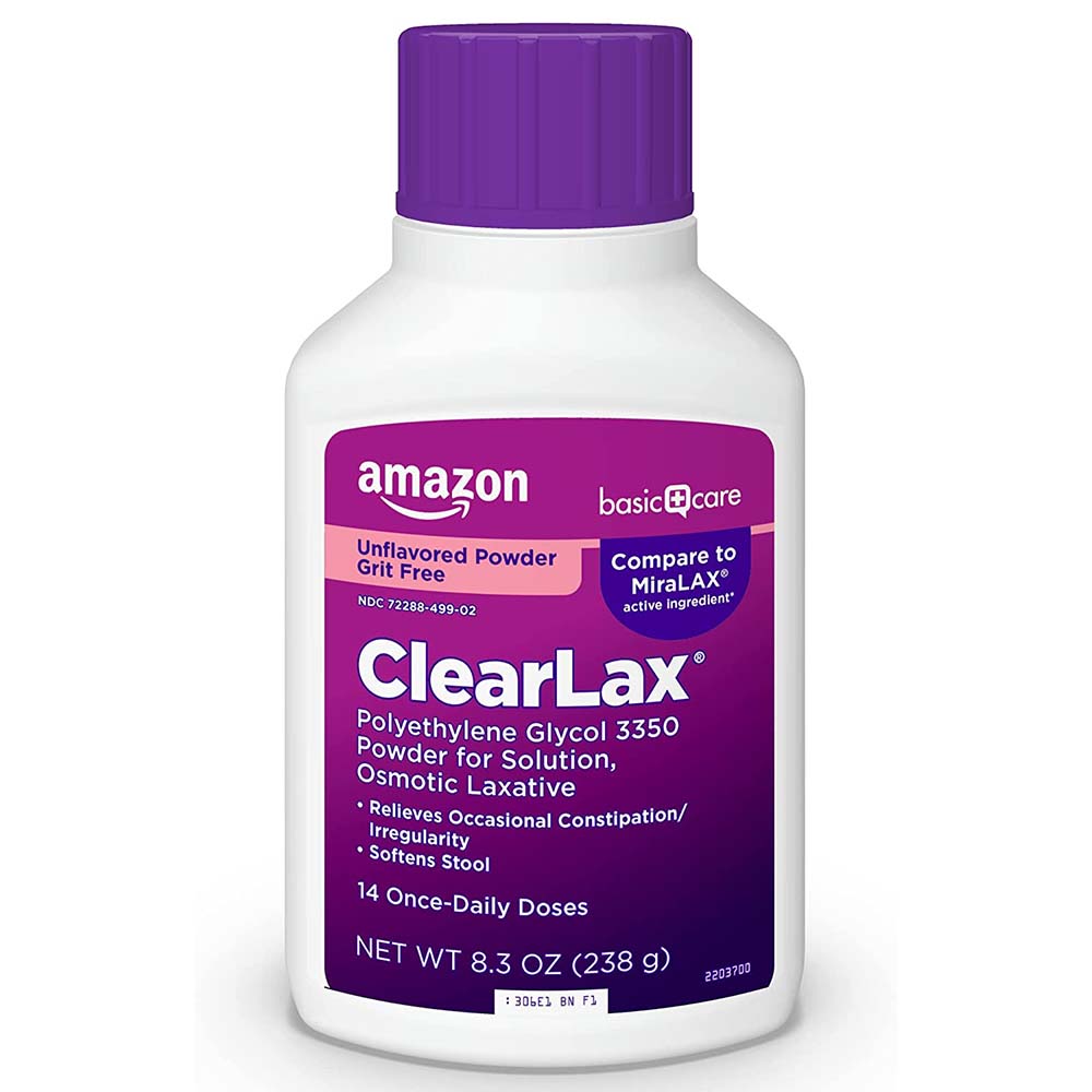 ClearLax Polyethylene Glycol 3350 Laxative Powder 14 Doses In Front Of White Background