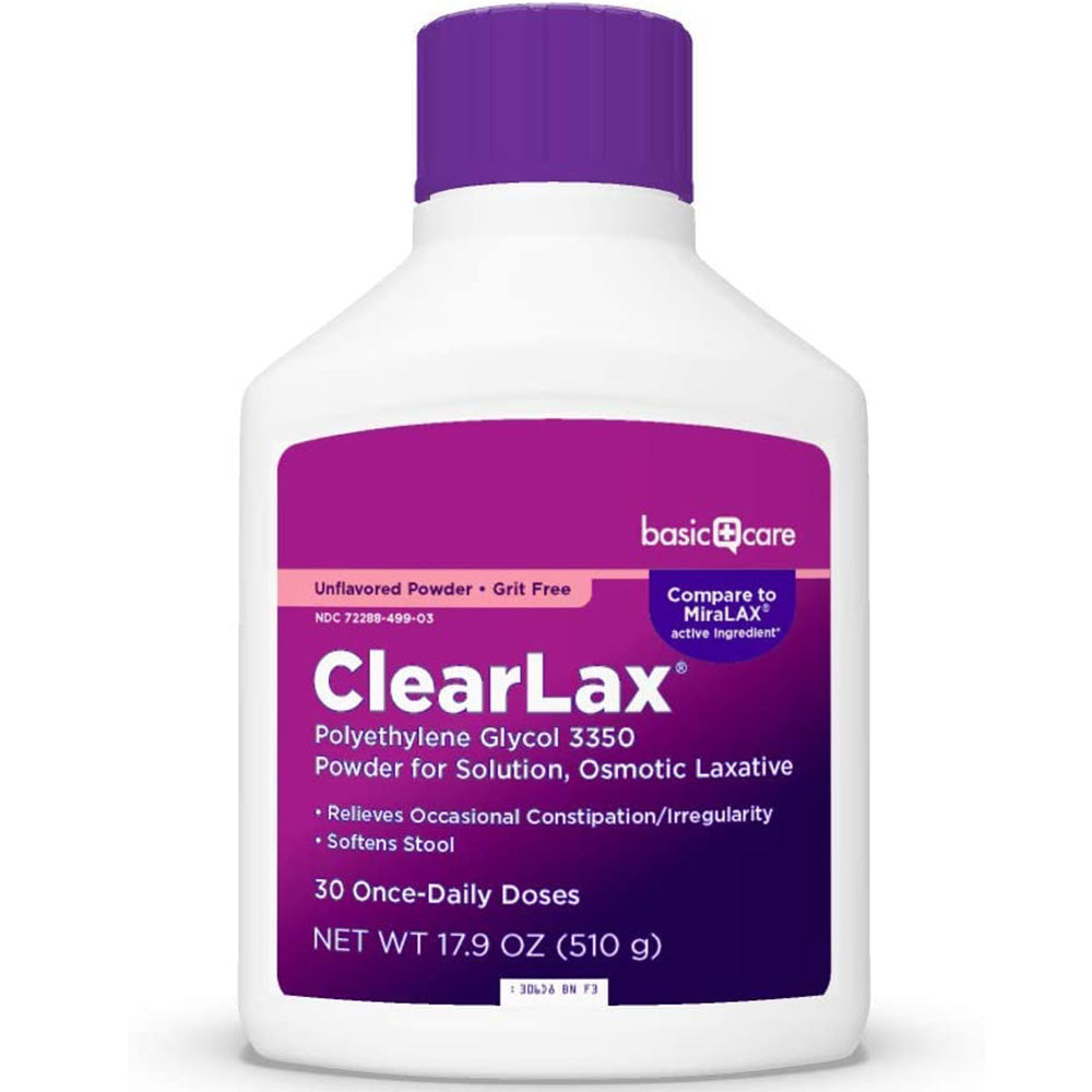 ClearLax Polyethylene Glycol 3350 Laxative Powder 30 Doses In Front Of White Background
