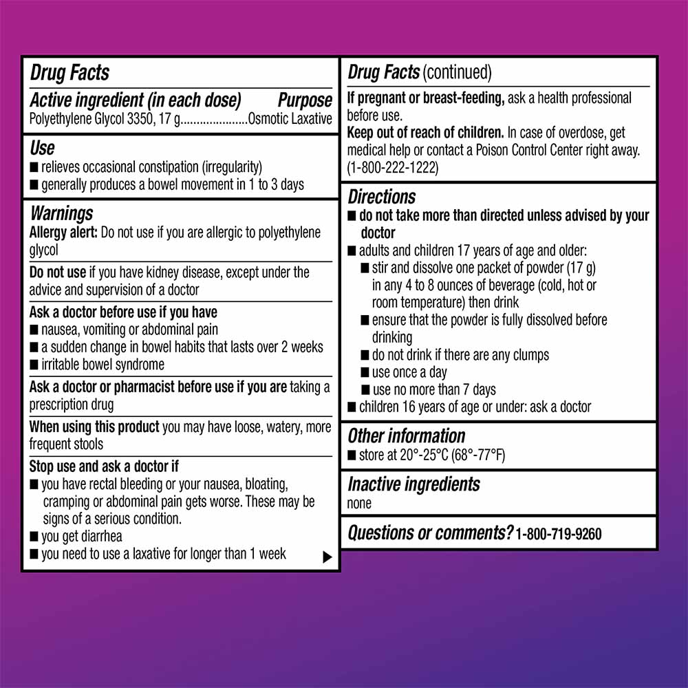 ClearLax Polyethylene Glycol 3350 Laxative Powder Usage Instructions On Reverse Of Product Packaging