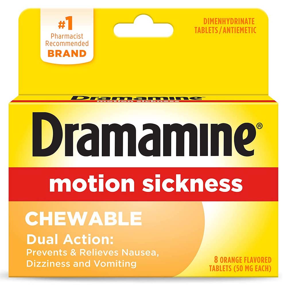 Dramamine Chewable Motion Sickness Relief Tablets 8 In Front Of White Background