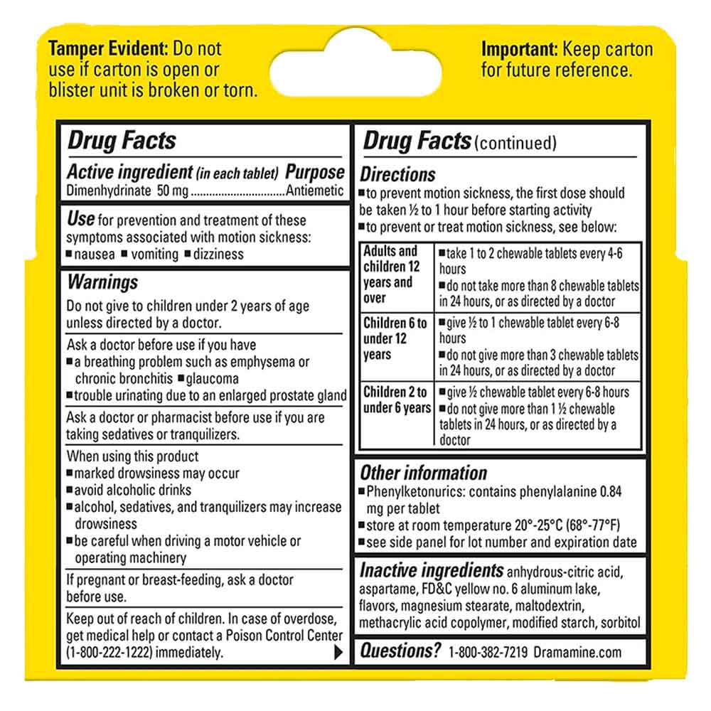 Dramamine Chewable Motion Sickness Relief Tablets 8 Usage Instructions On Reverse Of Packaging