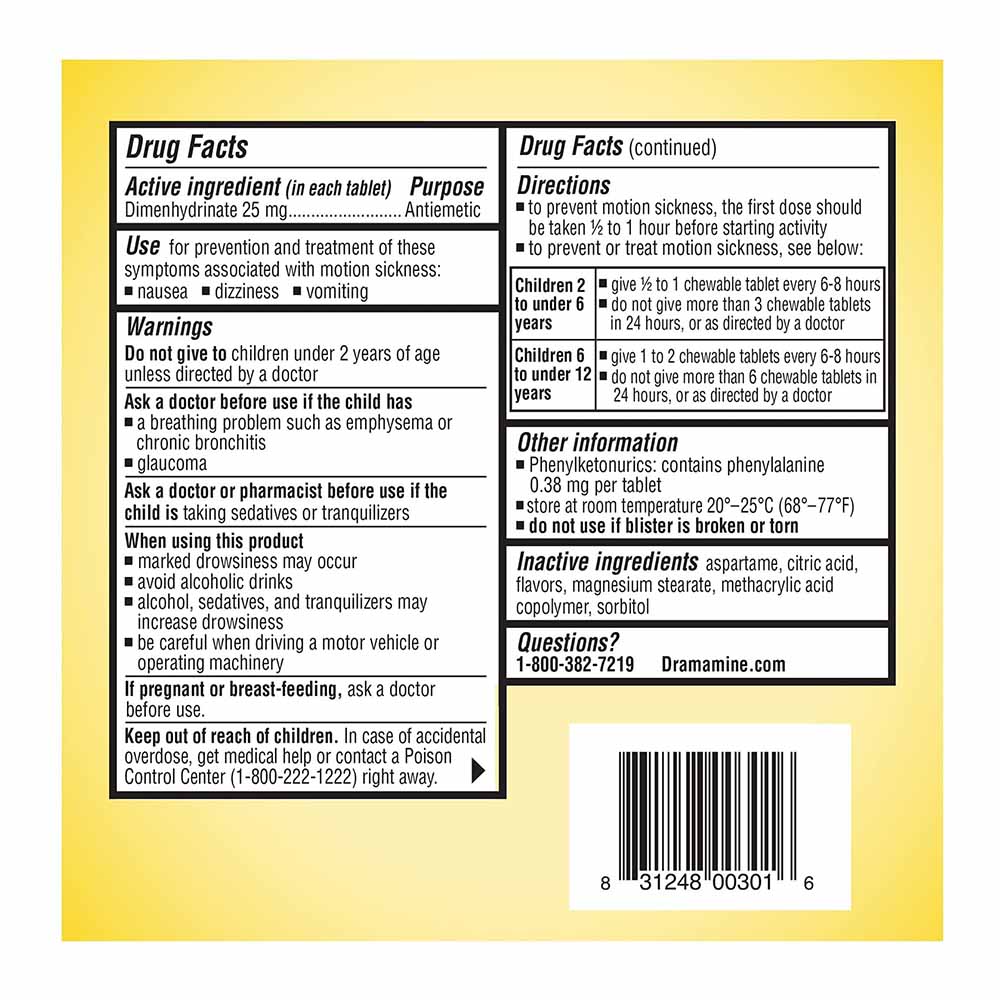 Dramamine Motion Sickness For Kids 8 Chewable Tablets Usage Instructions On Back Of Packaging