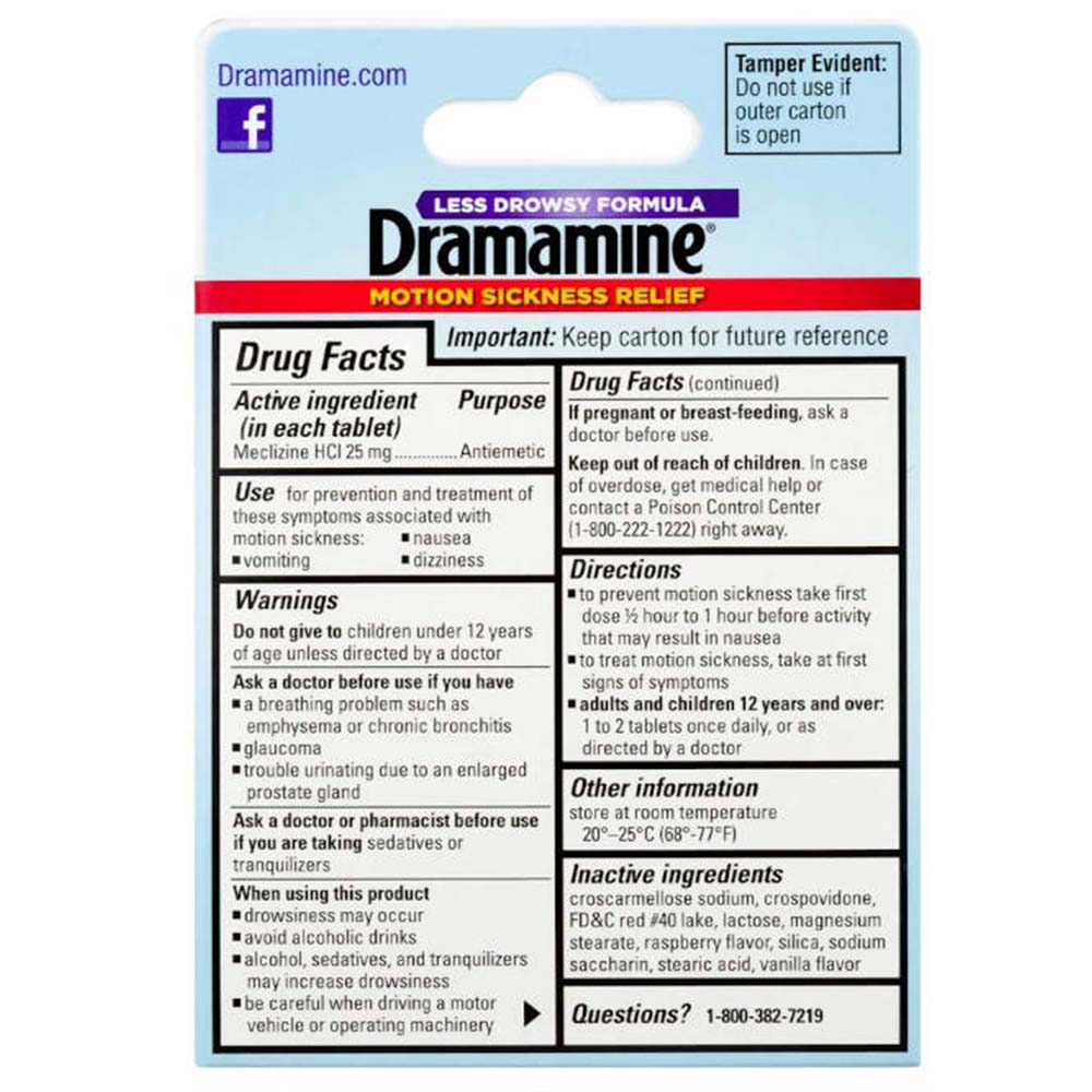 Dramamine Motion Sickness Less Drowsy 12 Chewable Raspberry Tablets Usage Instructions On Back Of Packaging