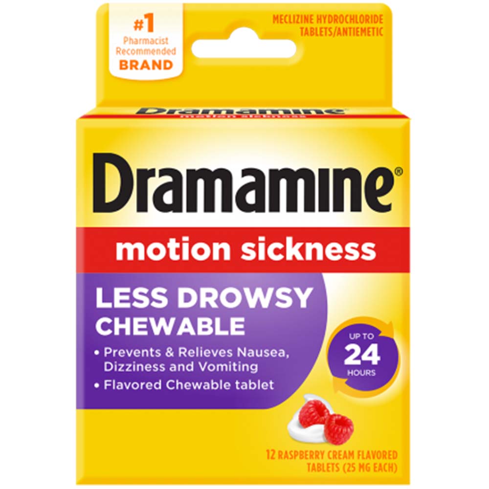 Dramamine Motion Sickness Less Drowsy 12 Chewable Raspberry Tablets In Front Of White Background