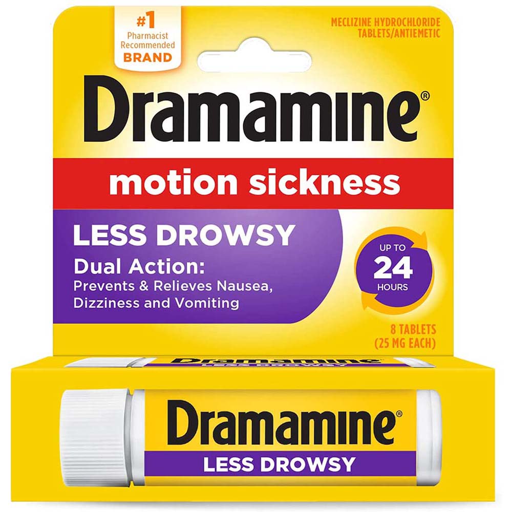 Dramamine Less Drowsy Motion Sickness Tablets, 8 In Front Of White Background