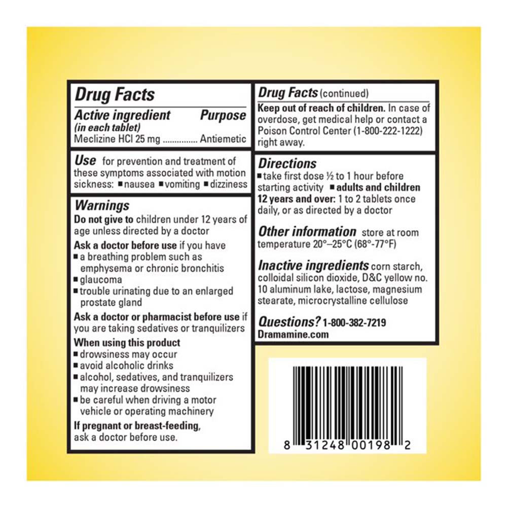 Dramamine Less Drowsy Motion Sickness Tablets Usage Instructions On Back Of Packaging