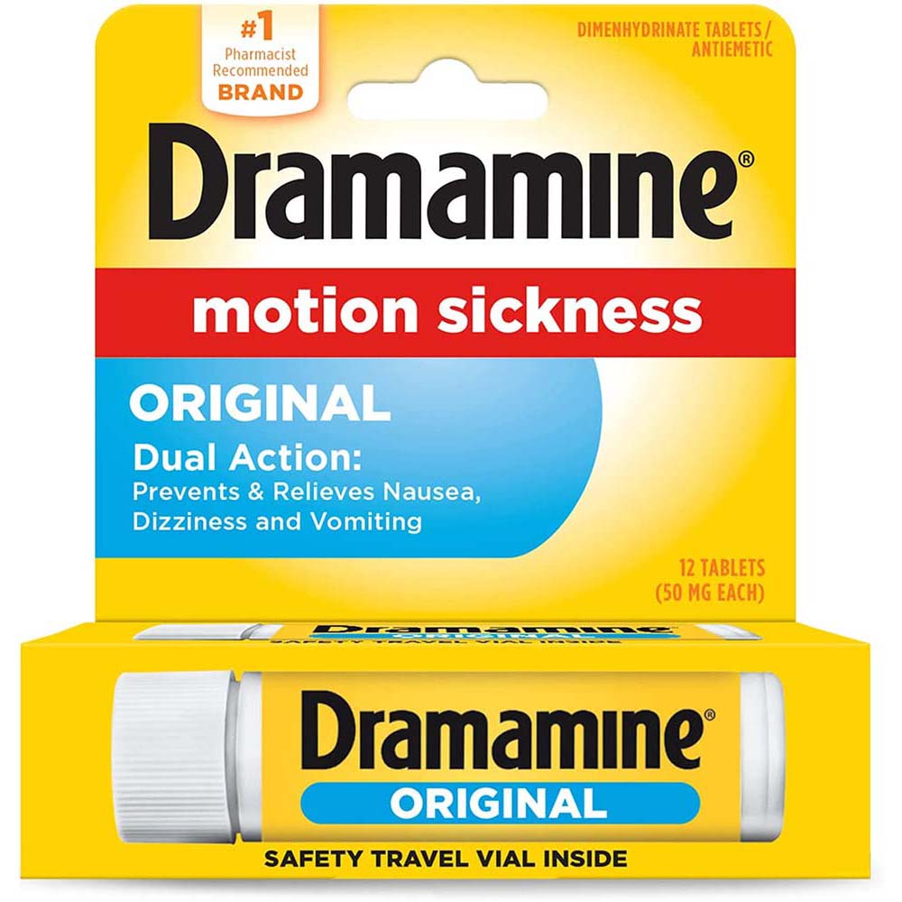Dramamine Original Motion Sickness Tablets 12 In Front Of White Background