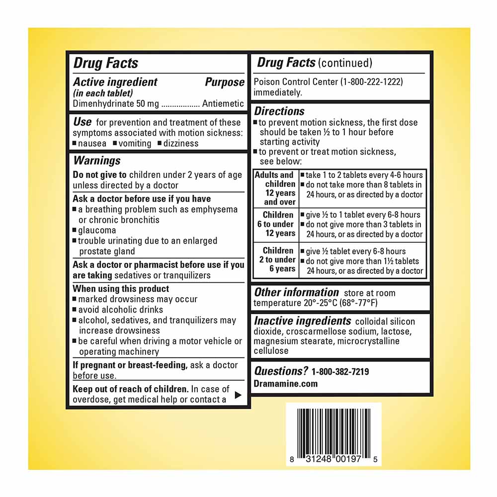 Dramamine Original Motion Sickness Tablets Usage Instructions On Reverse Of Product Packaging