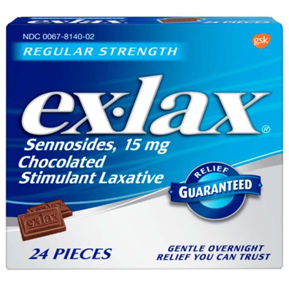 ExLax Sennosides15 mg Chocolated Stimulant Laxative 24 Pieces In Front Of White Background