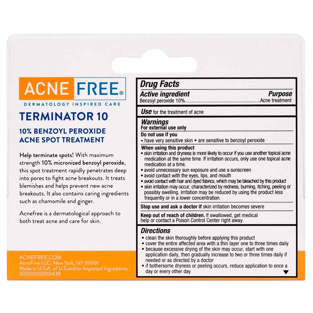 AcneFree Terminator 10 Acne Treatment Cream Usage Instructions On Reverse Of Product Packaging